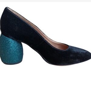 Dries Van Noten Black Velvet Heels with Blue Glitter Block